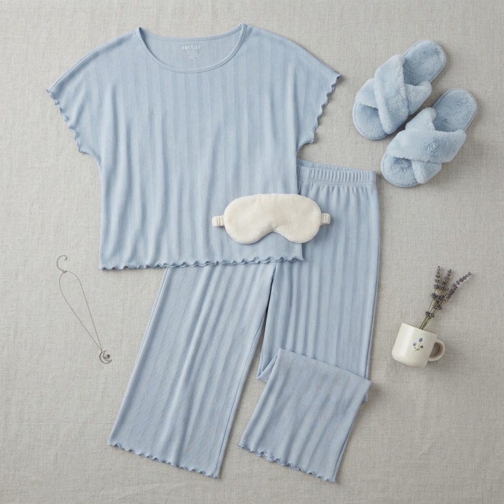 Softies Women Blue Ribbed Pointelle Pajama Set XL Lettuce Edge Top Pants Lounge